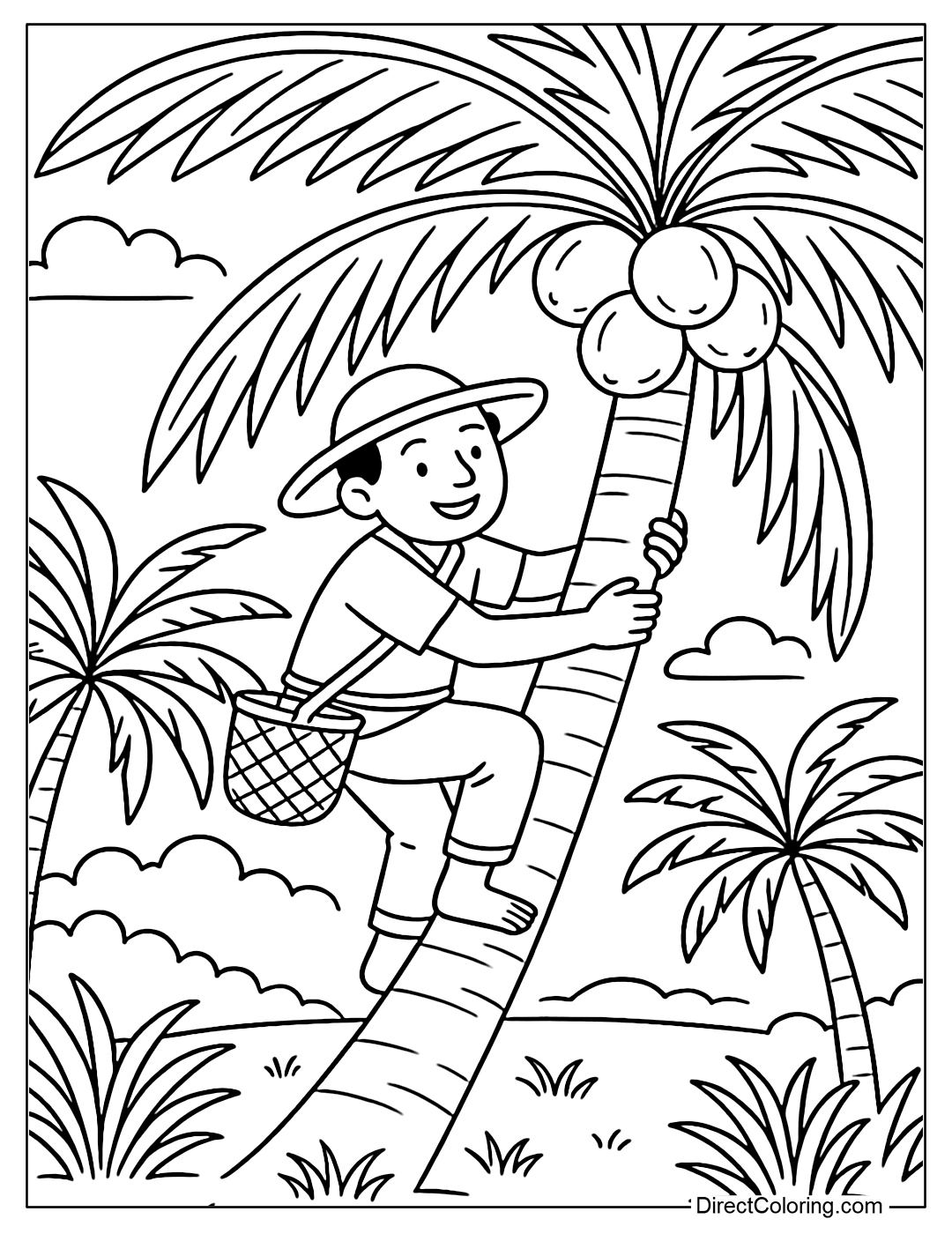 Coconut Harvest Day Coloring Page with bamboo basket, under the cool shade.